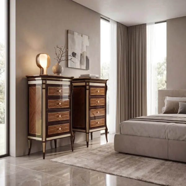 Pair of Monte Carlo LUX tall chests of drawers in rosewood veneer with brass inlay, luxury bedroom