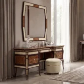 Monte Carlo LUX carved vanity mirror above matching dressing table, Italian luxury bedroom