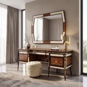 Monte Carlo LUX tufted vanity stool with brass trim, luxury dressing table set