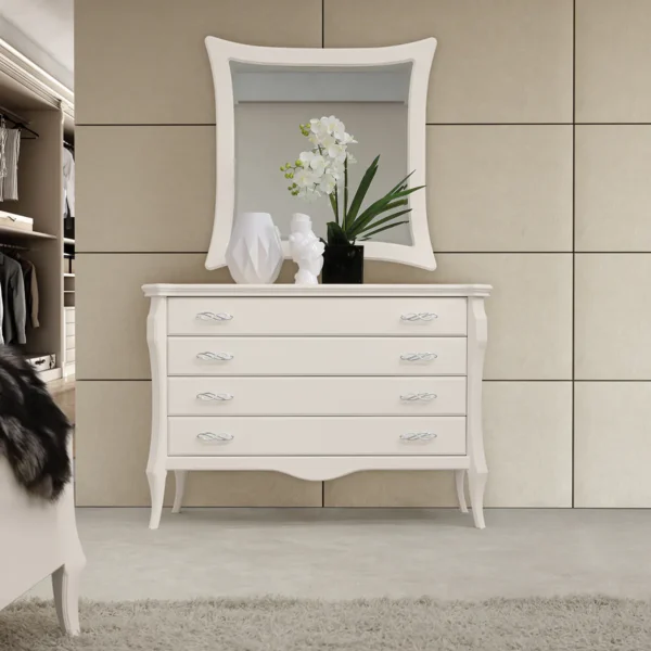 Monte Carlo white chest of drawers with mirror and decorative flowers.