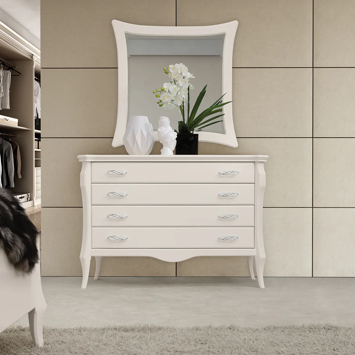 MONTE CARLO dresser Monte Carlo white chest of drawers with mirror and decorative flowers.