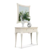 Monte Carlo console table in solid wood with ivory lacquer finish, mirror and decorative vases.