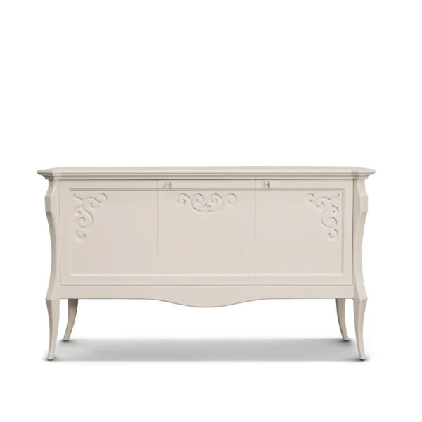 Monte Carlo 3-door sideboard in solid wood with ivory lacquer finish.