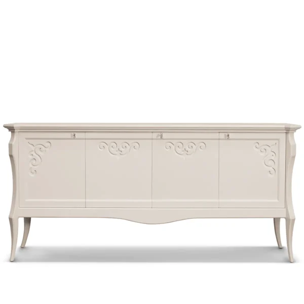 Monte Carlo sideboard in solid wood with ivory lacquer finish, luxury living room.