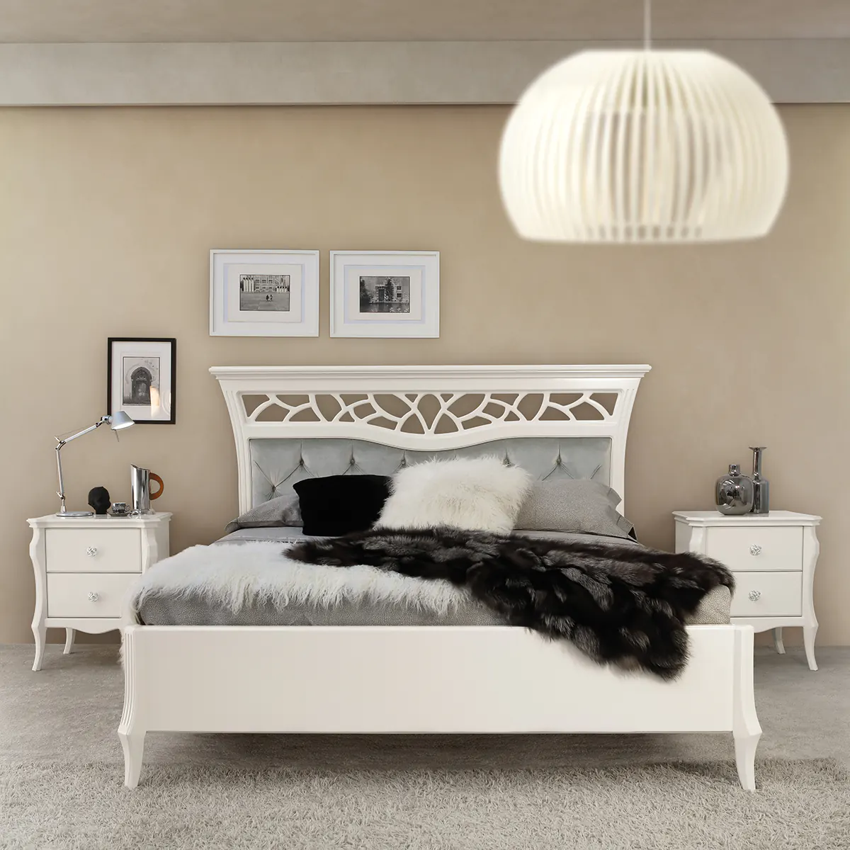 MONTE CARLO Bed - Luxurious Italian Handcrafted Bed by Marzorati Monte Carlo bed in solid wood with ivory lacquer finish, bedroom with lake view.