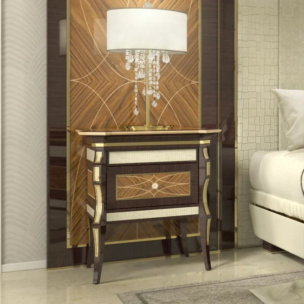 Monte Carlo LUX nightstand in carved wood with crystal lamp, decorative details.