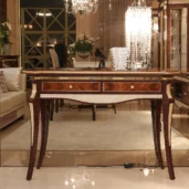 Monte Carlo LUX console table in inlaid wood, elegant setting with chandelier.