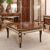 Monte Carlo LUX rectangular coffee table in inlaid wood, elegant setting.