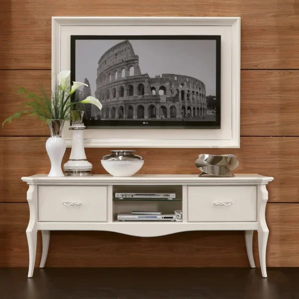 Monte Carlo TV stand with decorative vases and Colosseum artwork, elegant living room setting.