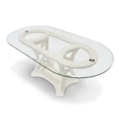 Monte Carlo oval table with glass top and carved wood base.