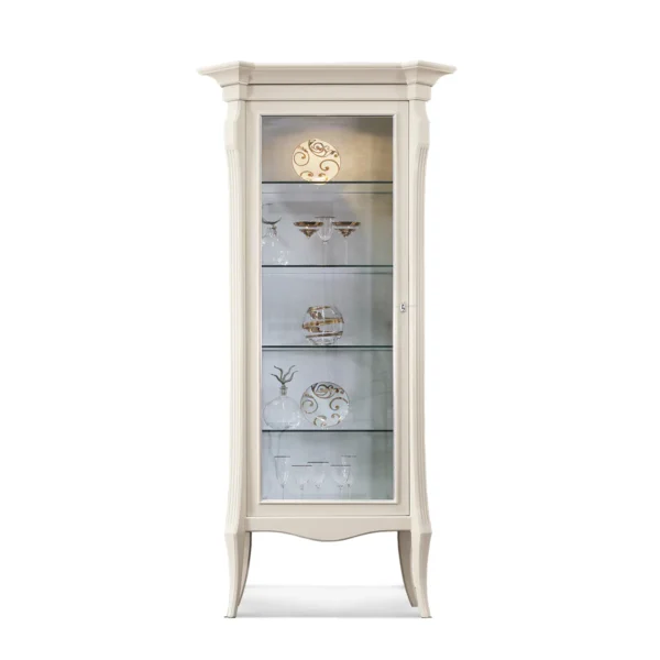 Monte Carlo 1-door display cabinet in solid wood with ivory lacquer finish and glass doors.