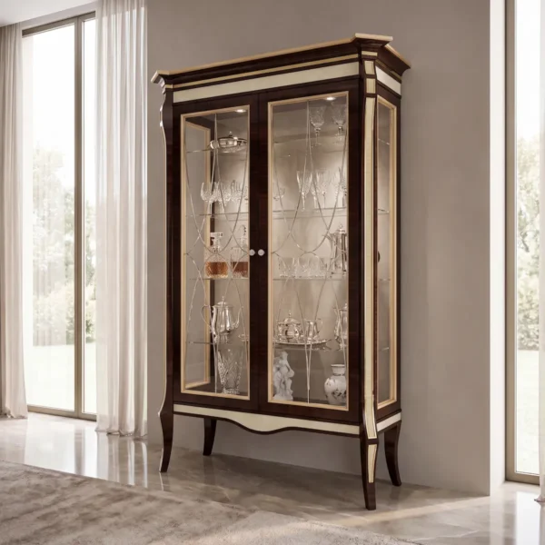 Luxury ebony wood display cabinet with gold finishes, glass doors and ivory woven inserts, high-end classic furniture