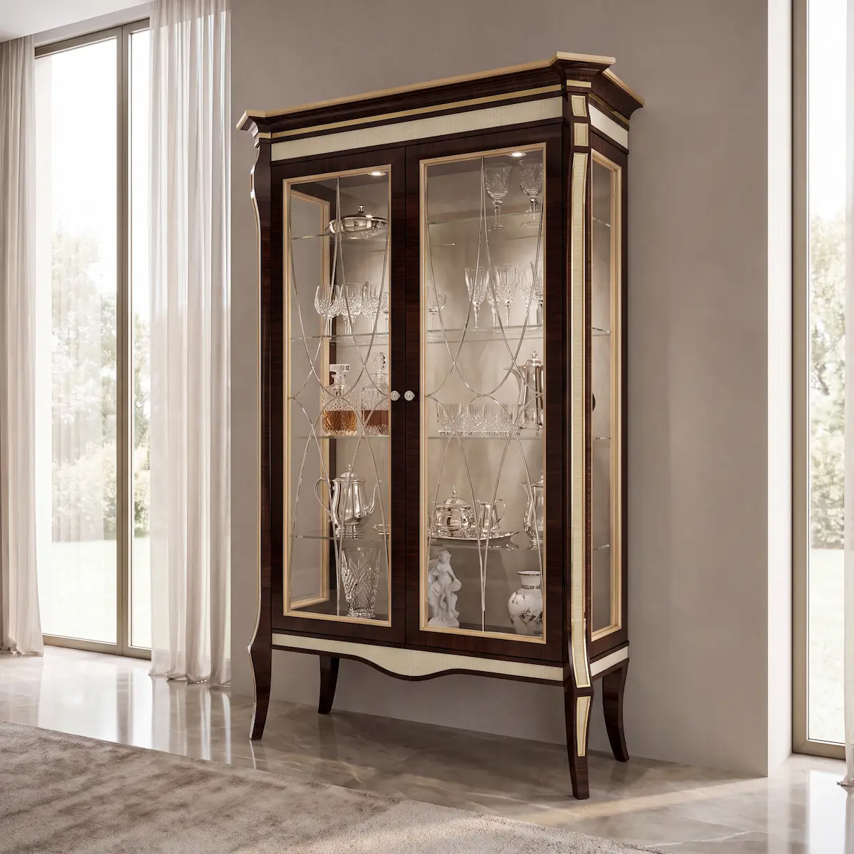 Luxury Ebony Display Cabinet with Gold Details - Neoclassical Style Luxury ebony wood display cabinet with gold finishes, glass doors and ivory woven inserts, high-end classic furniture