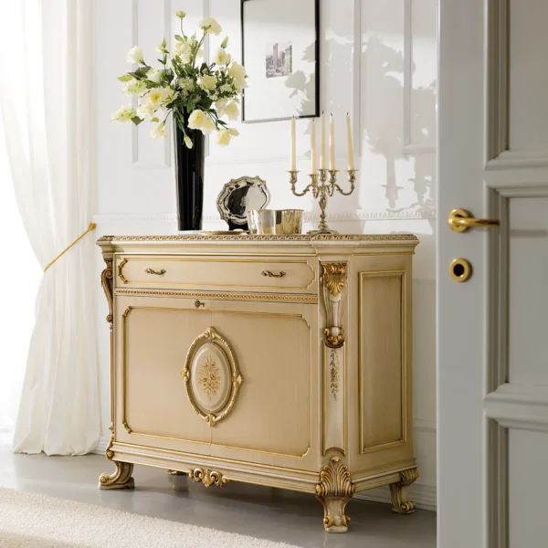 Prestige 2-door sideboard, room with floral decoration.