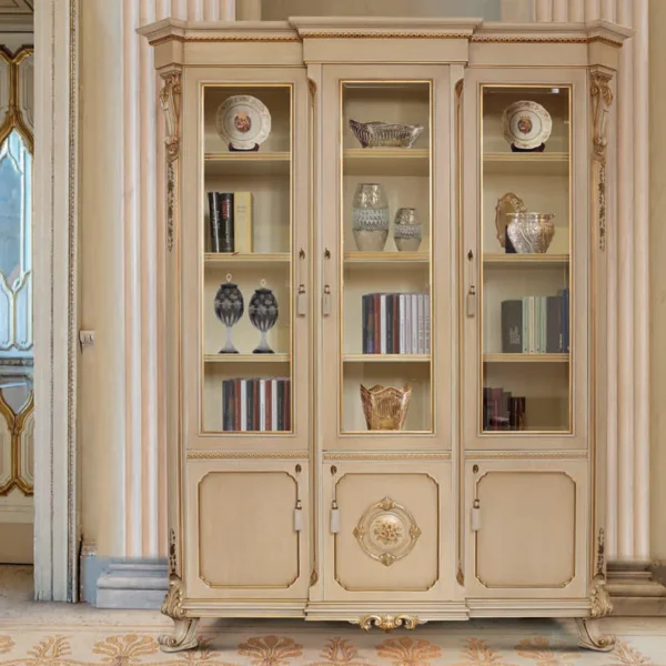 Prestige 3-door bookcase in carved wood with glass doors.