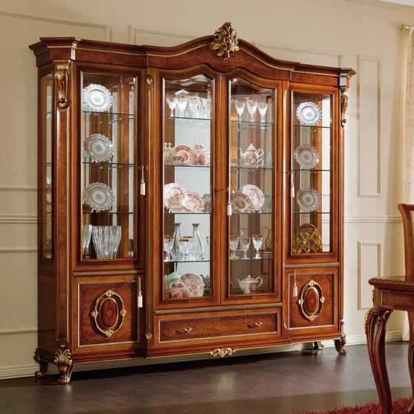 Prestige 4-door display cabinet in burl wood, living room setting.