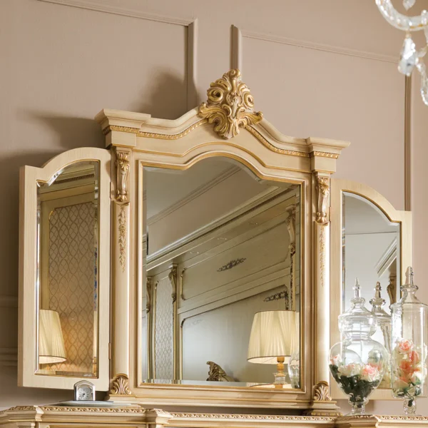 Prestige three-view mirror, carved wood with elaborate inlays.