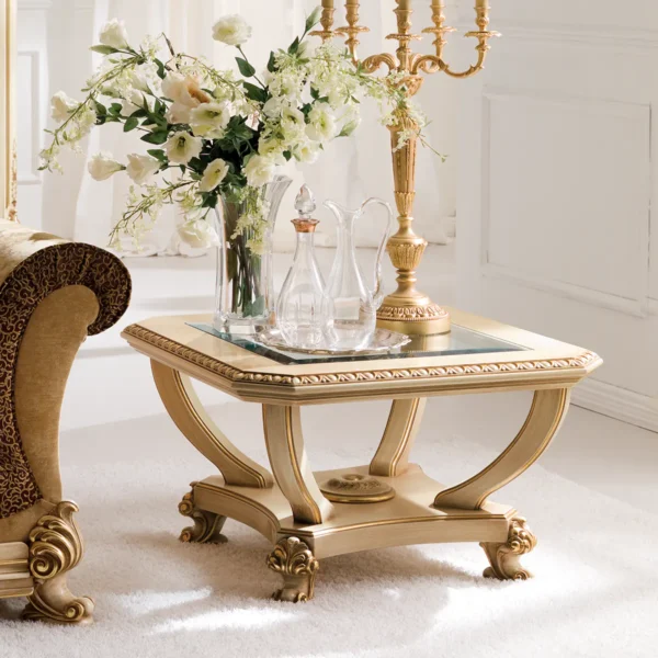 Prestige squared coffee table with floral arrangement.