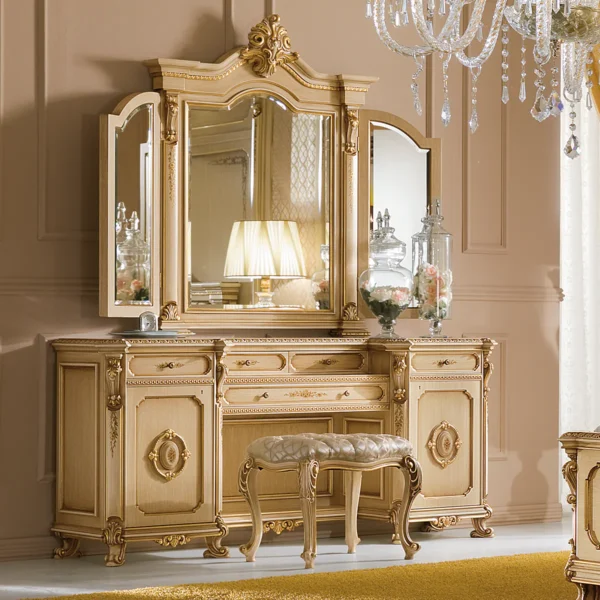 Prestige vanity dresser in carved wood with mirror.