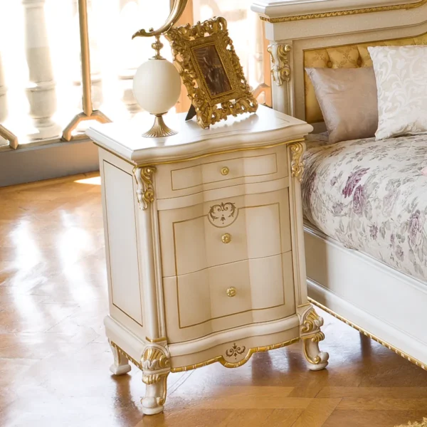 Princesse nightstand in carved wood, elegant bedroom.