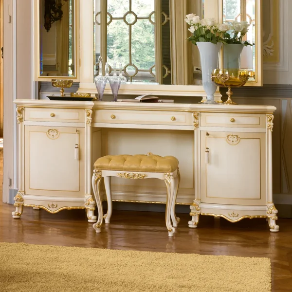 Princesse vanity dresser with mirror, carved wood.