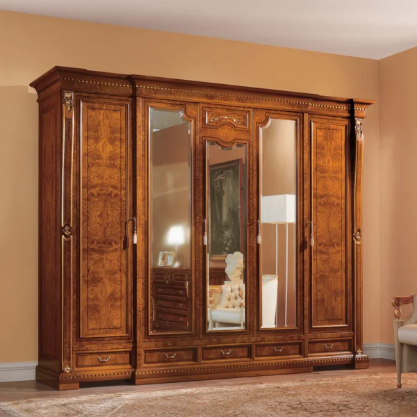 Elegant handcrafted Regina wooden wardrobe for luxurious villa interiors, Italian design, rich finish, with mirrored doors.