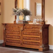Elegant handcrafted Regina wooden dresser with intricate details and decorative vases, ideal for luxury villas and palaces.