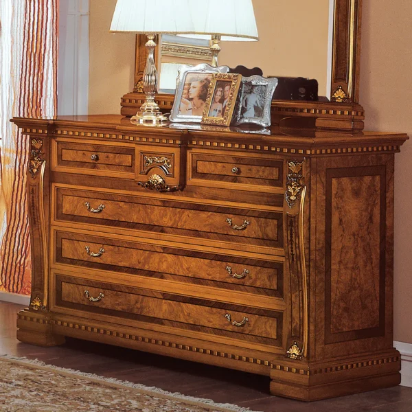 Handcrafted Italian Regina wooden dresser with ornate details and decorative accents, perfect for luxury interiors.