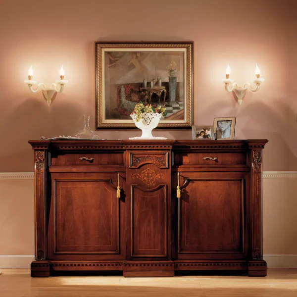 Luxurious handmade Regina wooden sideboard in elegant villa interior, classic Italian design and fine craftsmanship.