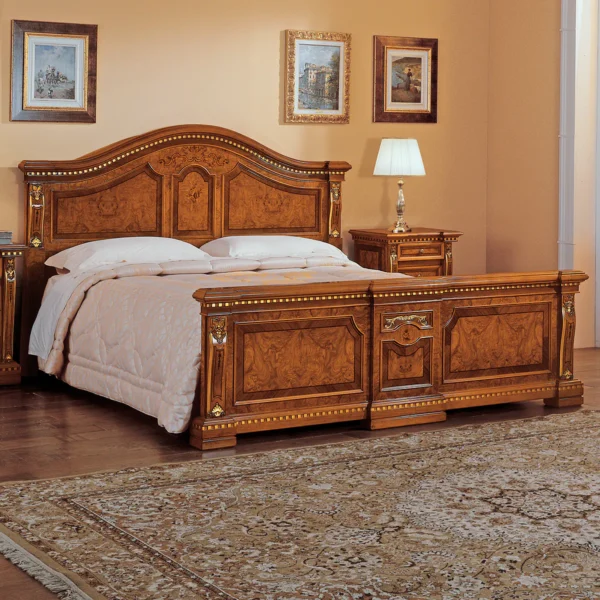Handcrafted Regina wooden bed with intricate design in an elegant bedroom, featuring Italian style and luxury interior decor.