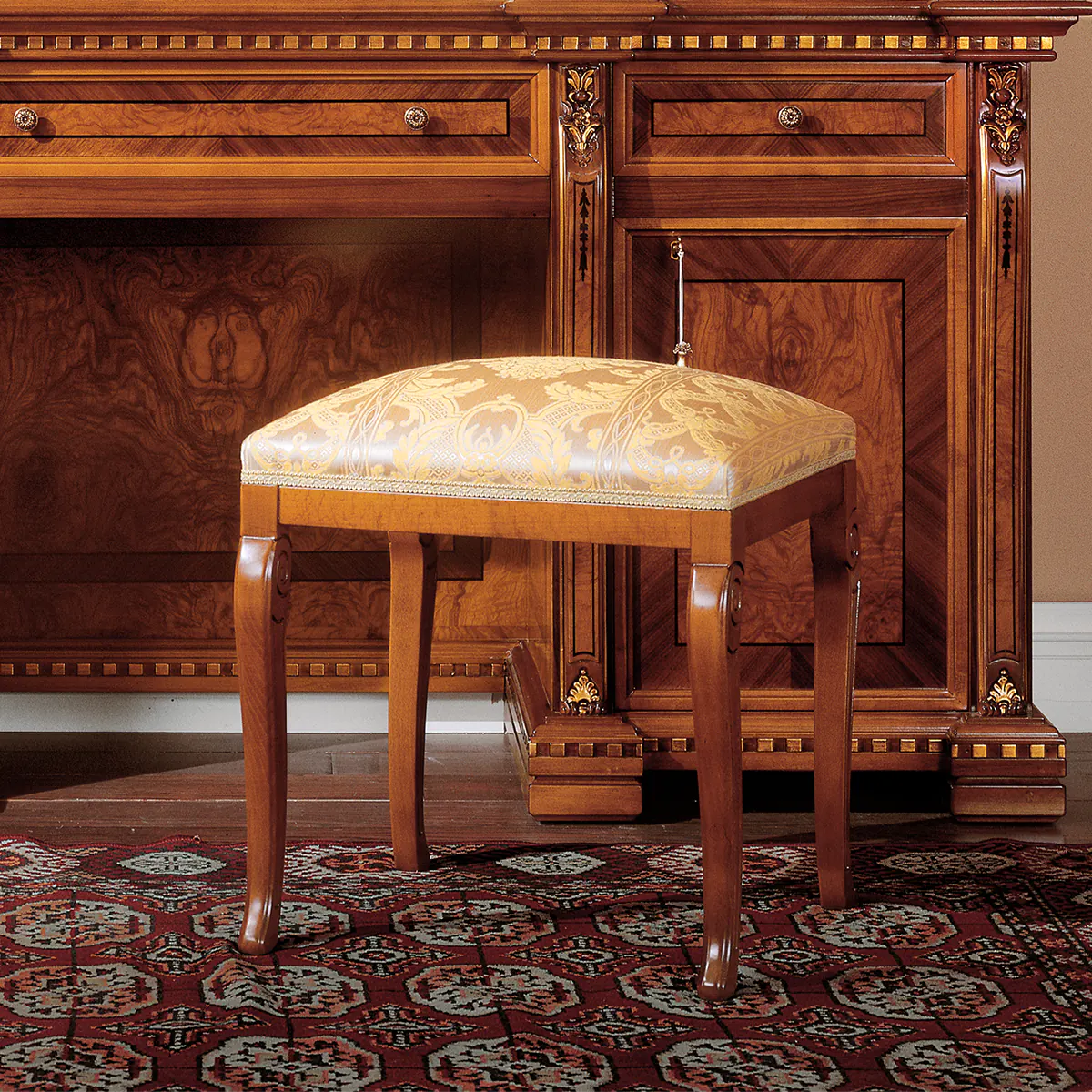 REGINA stool Handmade Regina wooden furniture with ornate design, featuring a luxurious upholstered stool and intricate cabinet details.