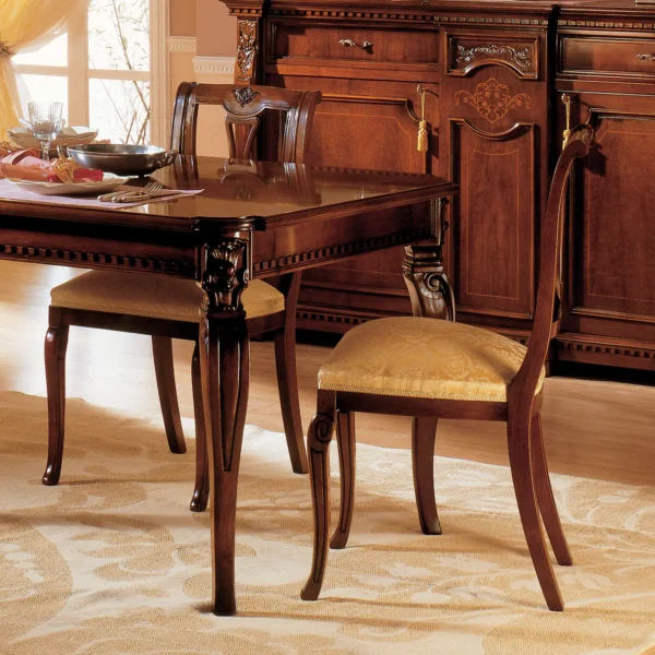 Handcrafted Italian Regina wooden dining table and chairs set, luxury interior design for villas and palaces.