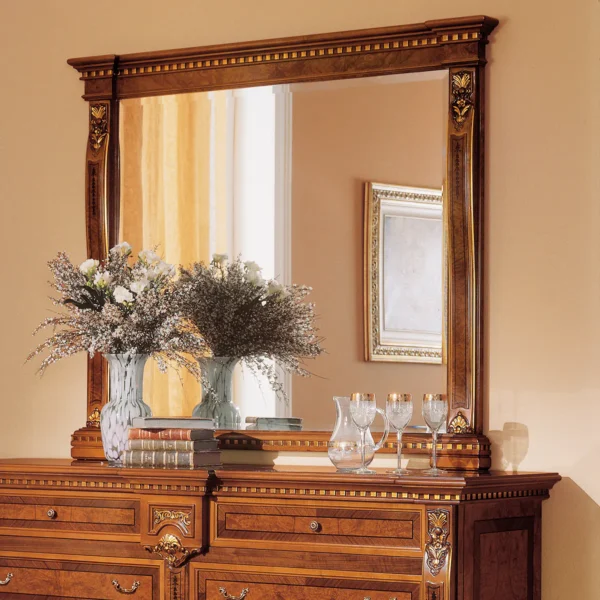 Luxurious handcrafted Regina wood dresser with ornate mirror and elegant decor for villas and palaces.