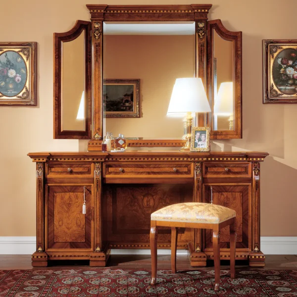 Elegant handmade Regina wooden dresser and mirror set, Italian craftsmanship, ideal for luxury villas and palaces.