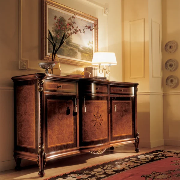 Handmade Italian Royal sideboard in a luxurious villa interior with elegant decor and ambient lighting.