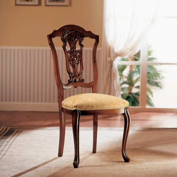 Elegant handcrafted Royal chair with ornate backrest, plush yellow cushion, perfect for luxury villas and palaces.