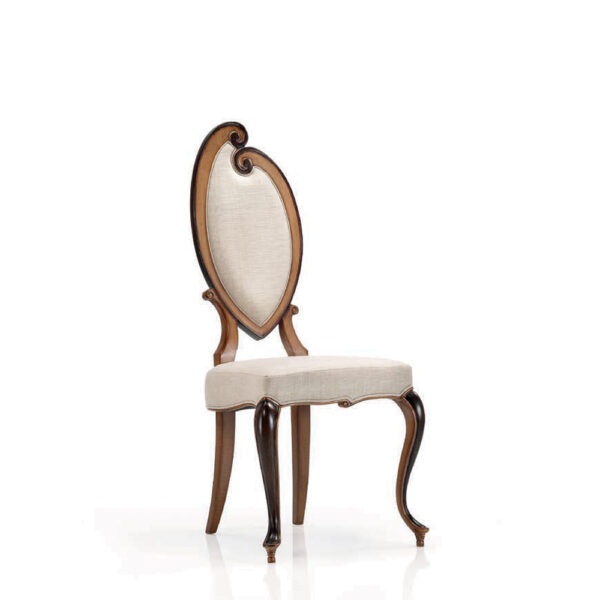 Flora chair in Déco style with carved wood frame and beige upholstery, Italian craftsmanship.