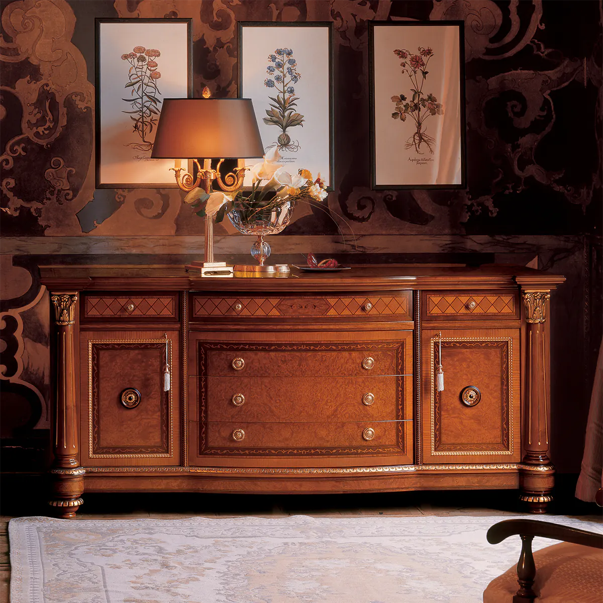 SENATOR double dresser Luxurious handmade Senator double dresser in an elegant villa interior, adorned with floral artwork.