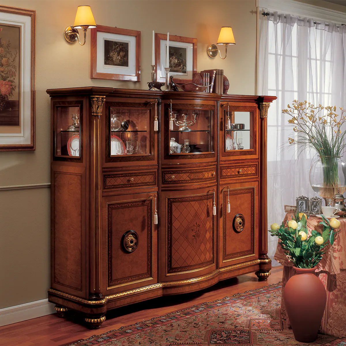 SENATOR sideboard 3 doors glass Elegant handcrafted Senator sideboard 3 doors with glass, showcasing fine craftsmanship in a luxurious villa interior.