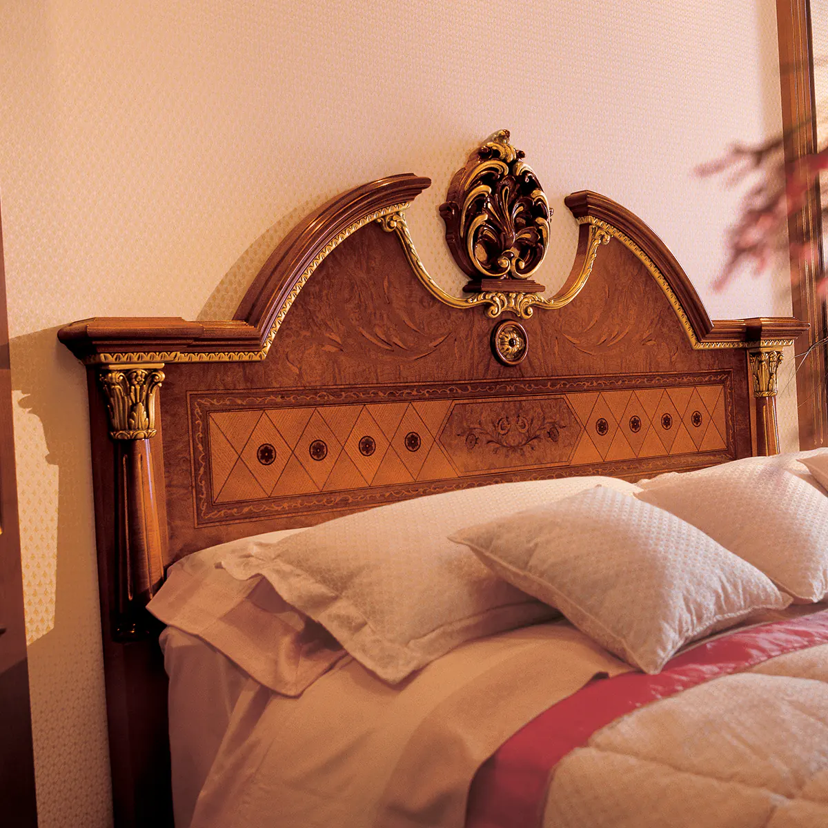 SENATOR bed Elegant wooden Senator bed headboard with intricate carvings, handmade luxury Italian furniture.