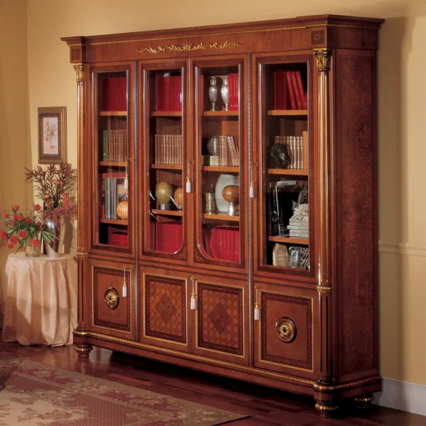 Handcrafted Italian Senator bookcase 4 doors with glass, showcasing ornate design for luxury interiors.