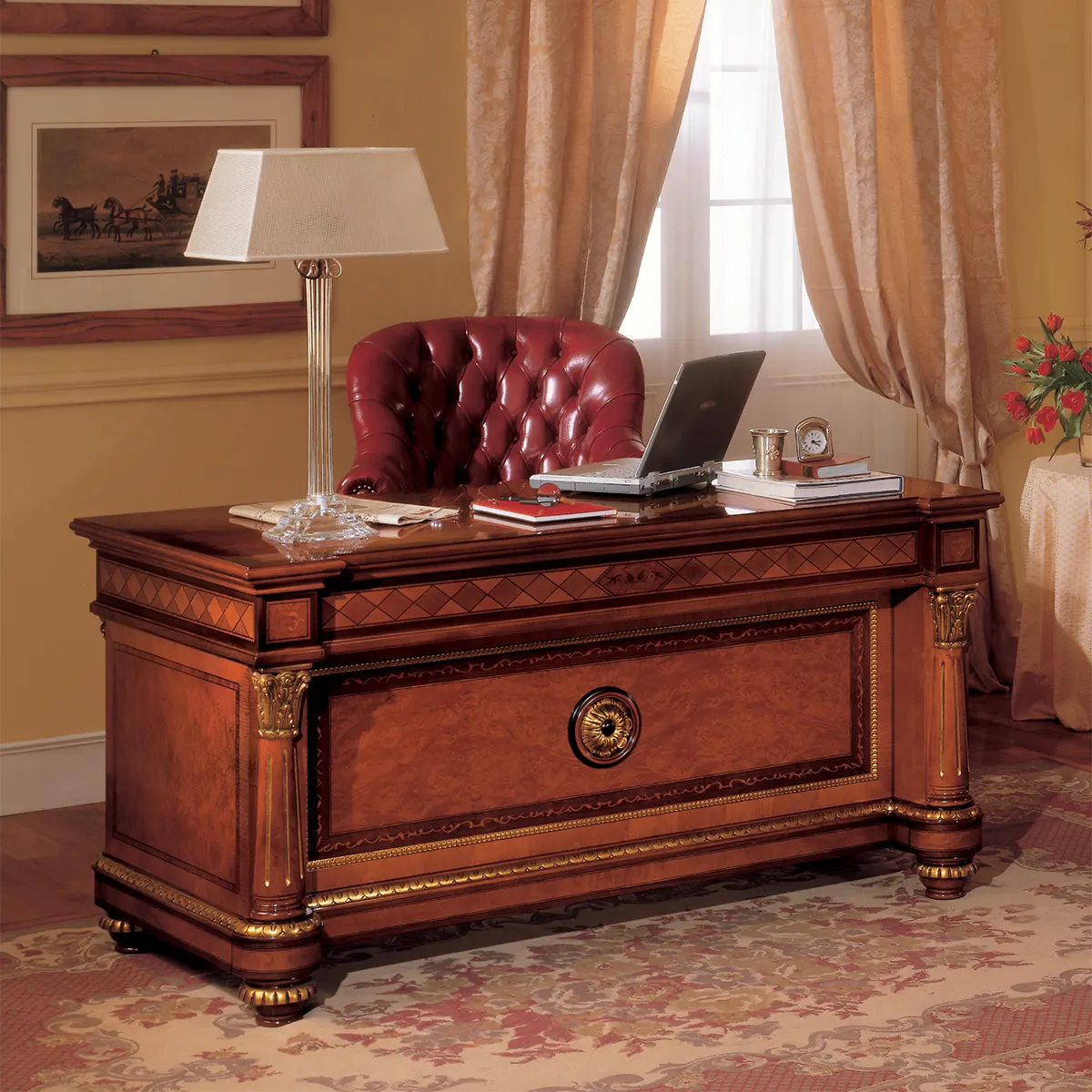 SENATOR writing desk Luxurious handcrafted Senator writing desk and leather chair in an elegant office setting.