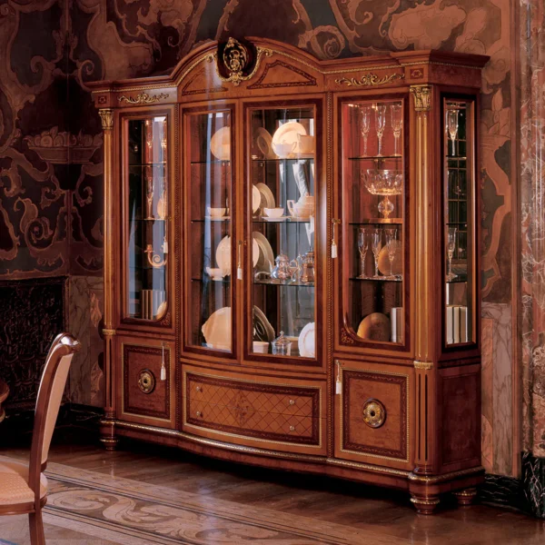 Luxury Italian Senator display cabinet 4 doors showcasing fine china and glassware in an elegantly designed interior.