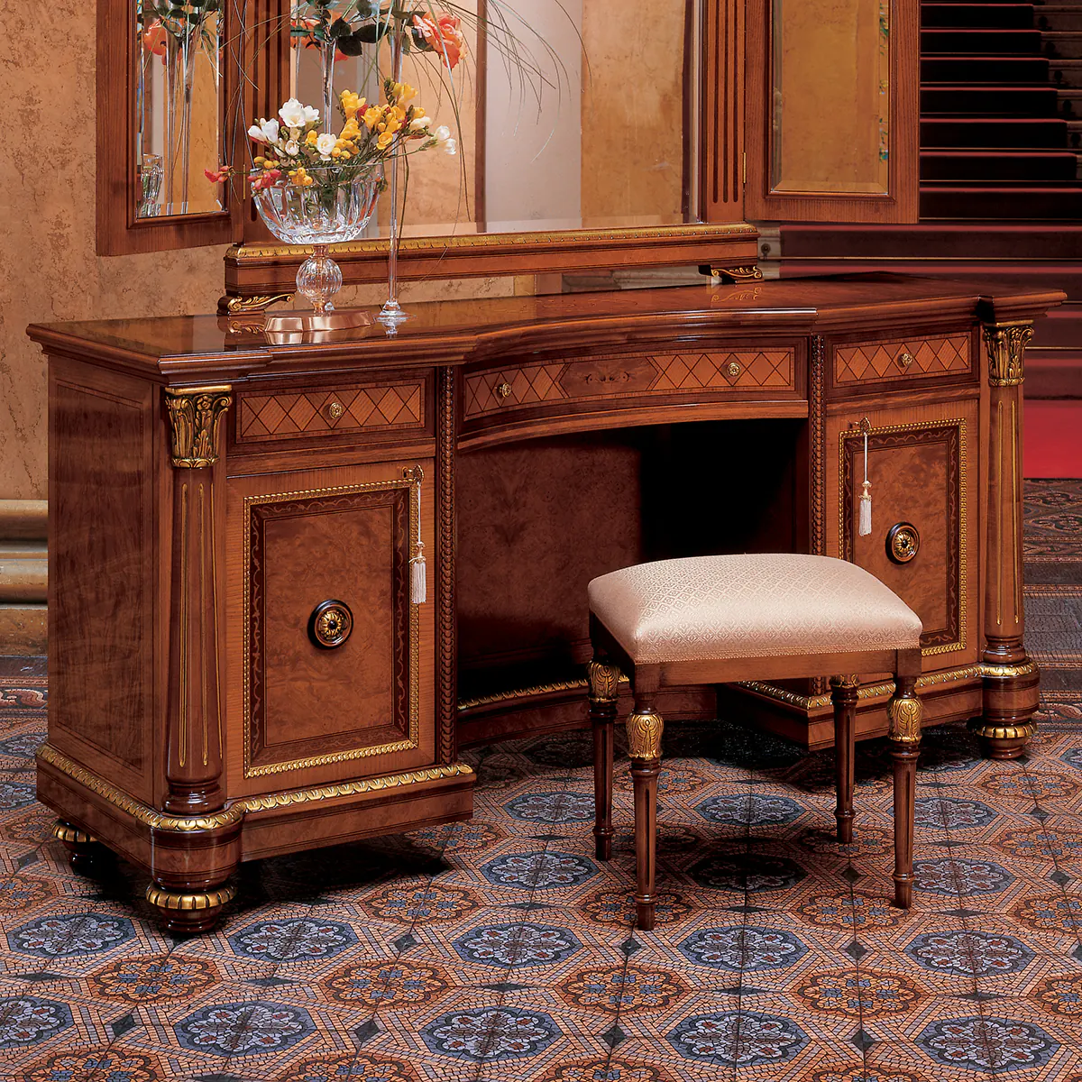 SENATOR makeup vanity dresser Elegant handmade Senator vanity with intricate details, adorned with flowers, perfect for luxury villa interiors.