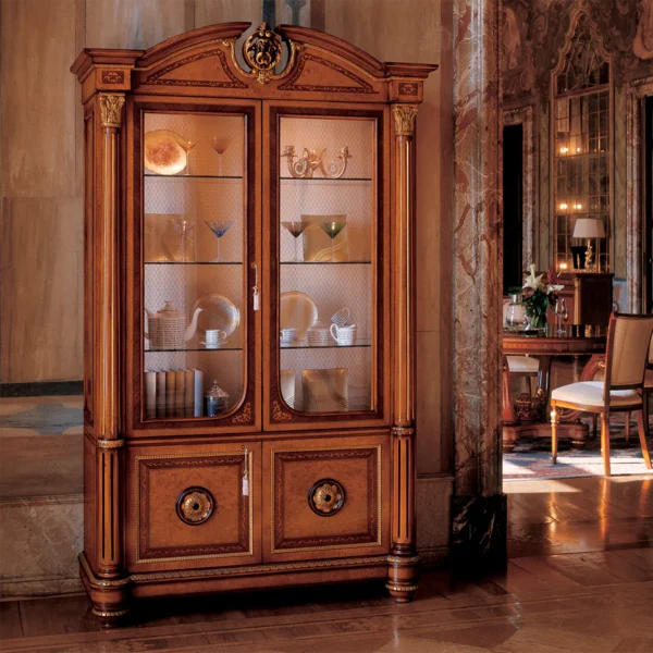 Luxury handcrafted Senator display cabinet 2 doors in an elegant villa interior, featuring intricate detailing.