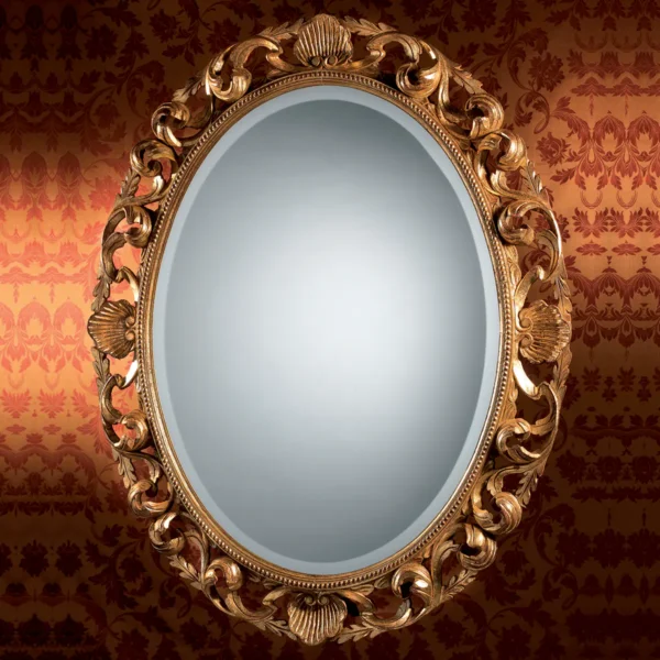 Louvre oval mirror with carved gold frame, luxury Italian craftsmanship.