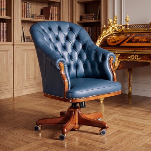 Luxury Blue Leather Capitonné Executive Office Chair Luxury blue leather executive office chair with capitonné tufting, decorative studs, wooden details and wooden swivel base