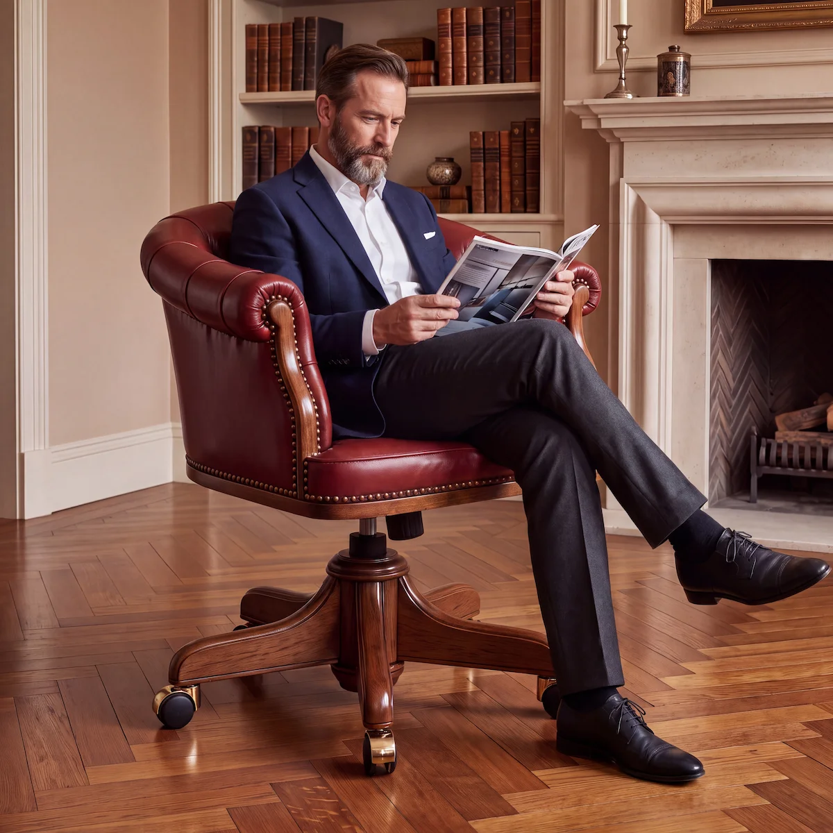 Luxury Chesterfield Executive Office Chair in Full Grain Leather with Solid Wood Swivel Base Luxury Chesterfield executive office chair upholstered in burgundy full grain leather with deep button tufting, solid wood swivel base and casters, handcrafted in Italy.