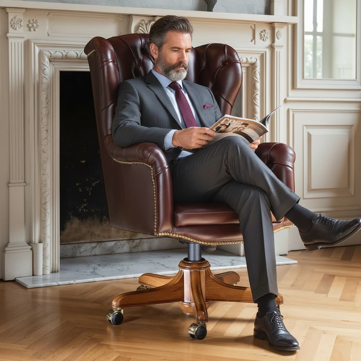 Luxury burgundy leather executive office chair with capitonné upholstery, decorative studs and wooden swivel base