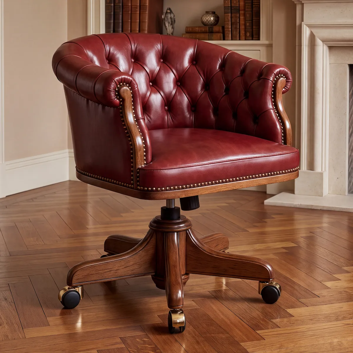 Luxury Chesterfield Executive Office Chair in Full Grain Leather with Solid Wood Swivel Base Luxury Chesterfield executive office chair upholstered in burgundy full grain leather with deep button tufting, solid wood swivel base and casters, handcrafted in Italy.